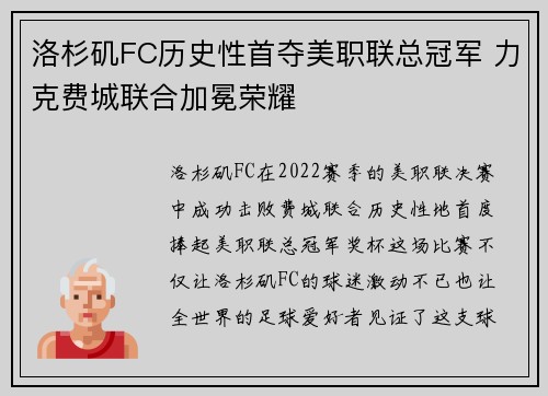 洛杉矶FC历史性首夺美职联总冠军 力克费城联合加冕荣耀 洛杉矶FC历史性首夺美职联总冠军 力克费城联合加冕荣耀