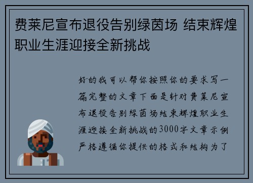 费莱尼宣布退役告别绿茵场 结束辉煌职业生涯迎接全新挑战 费莱尼宣布退役告别绿茵场 结束辉煌职业生涯迎接全新挑战