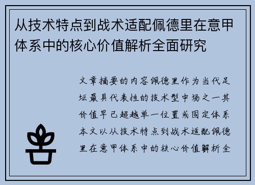 从技术特点到战术适配佩德里在意甲体系中的核心价值解析全面研究 从技术特点到战术适配佩德里在意甲体系中的核心价值解析全面研究